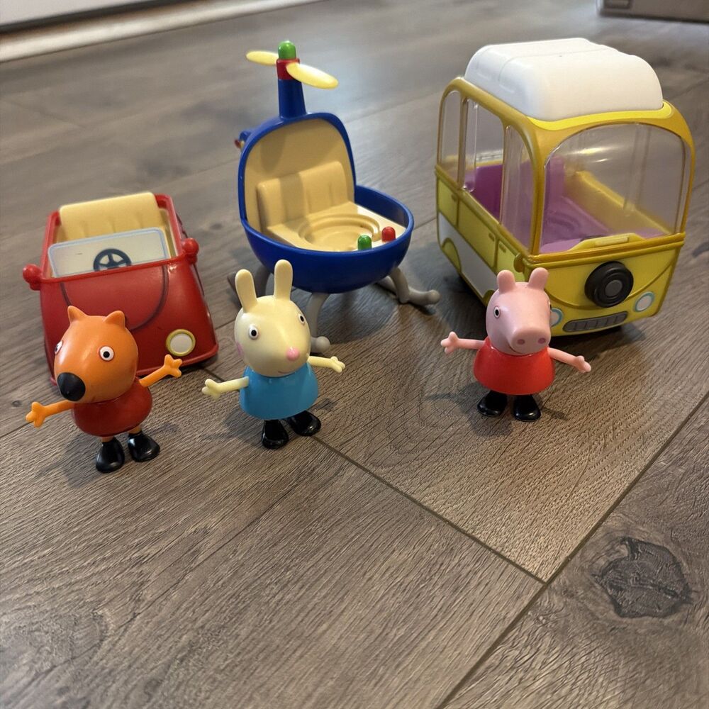 Peppa Pig Toys Lot Red Car Camper Van Helicopter 3 Figures Vehicle Bundle